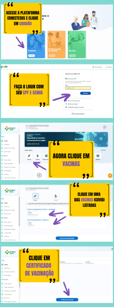 Passo a passo ilustrado para emitir o Certificado de Vacinação Covid-19 através da plataforma ConecteSUS.