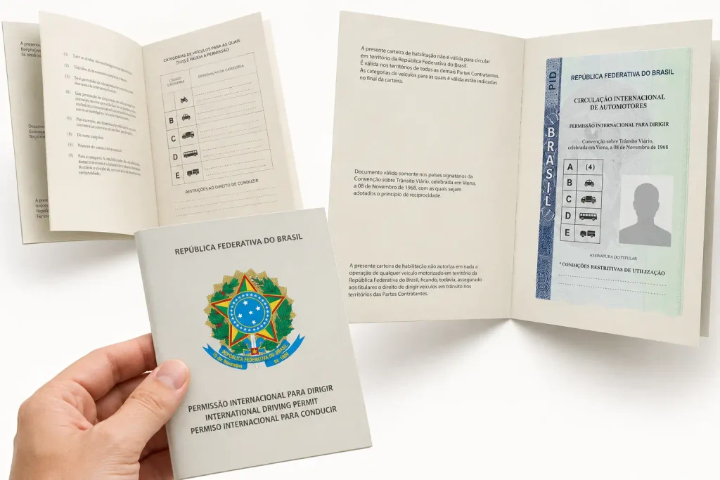 Colagem da Permissão Internacional para Dirigir brasileira, com capa, páginas internas abertas e detalhe do documento segurado por uma mão.